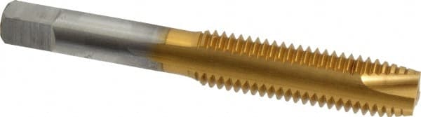 Hertel - M12x1.75 Metric Coarse, 3 Flute, TiN Finish, High Speed Steel Spiral Point Tap - Plug Chamfer, Right Hand Thread, 3-3/8" OAL, 1-21/32" Thread Length, 0.367" Shank Diam - Exact Tooling