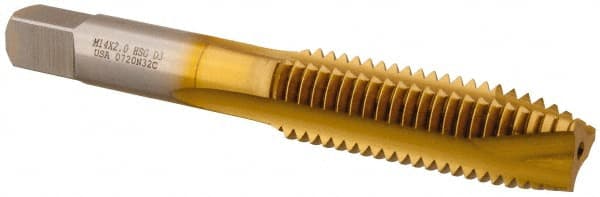 Hertel - M14x2.00 Metric Coarse, 3 Flute, TiN Finish, High Speed Steel Spiral Point Tap - Plug Chamfer, Right Hand Thread, 3-19/32" OAL, 1-21/32" Thread Length, 0.429" Shank Diam - Exact Tooling