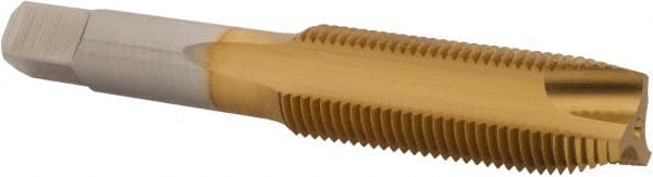 Hertel - M16x1.50 Metric Fine, 3 Flute, TiN Finish, High Speed Steel Spiral Point Tap - Plug Chamfer, Right Hand Thread, 3-13/16" OAL, 1-13/16" Thread Length, 0.48" Shank Diam - Exact Tooling