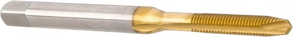 Hertel - M2.5x0.45 Metric Coarse, 2 Flute, TiN Finish, High Speed Steel Spiral Point Tap - Plug Chamfer, Right Hand Thread, 1-13/16" OAL, 1/2" Thread Length, 0.141" Shank Diam, 6H Class of Fit - Exact Tooling