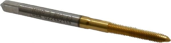 Hertel - M3x0.50 Metric Coarse, 2 Flute, TiN Finish, High Speed Steel Spiral Point Tap - Plug Chamfer, Right Hand Thread, 1-15/16" OAL, 5/8" Thread Length, 0.141" Shank Diam, 6H Class of Fit - Exact Tooling