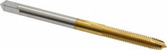 Hertel - M3.5x0.60 Metric Coarse, 2 Flute, TiN Finish, High Speed Steel Spiral Point Tap - Plug Chamfer, Right Hand Thread, 2" OAL, 11/16" Thread Length, 0.141" Shank Diam, 6H Class of Fit - Exact Tooling