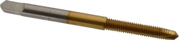 Hertel - M4.5x0.75 Metric Coarse, 2 Flute, TiN Finish, High Speed Steel Spiral Point Tap - Plug Chamfer, Right Hand Thread, 2-3/8" OAL, 7/8" Thread Length, 0.194" Shank Diam - Exact Tooling