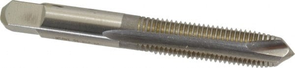 Hertel - M10x1.25 Metric Fine, 3 Flute, Bright Finish, High Speed Steel Spiral Point Tap - Plug Chamfer, Right Hand Thread, 2-15/16" OAL, 1-1/4" Thread Length, 0.381" Shank Diam - Exact Tooling