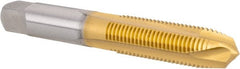 Hertel - M10x1.25 Metric Fine, 3 Flute, TiN Finish, High Speed Steel Spiral Point Tap - Plug Chamfer, Right Hand Thread, 2-15/16" OAL, 1-1/4" Thread Length, 0.381" Shank Diam - Exact Tooling