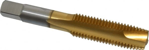 Hertel - M16x2.00 Metric Coarse, 3 Flute, TiN Finish, High Speed Steel Spiral Point Tap - Plug Chamfer, Right Hand Thread, 3-13/16" OAL, 1-13/16" Thread Length, 0.48" Shank Diam, 6H Class of Fit - Exact Tooling
