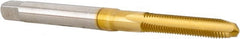 Hertel - M3x0.50 Metric Coarse 3 Flute TiN Finish High Speed Steel Straight Flute Standard Hand Tap - Plug, Right Hand Thread, 1-15/16" OAL, 5/8" Thread Length, D1 Limit, Oversize - Exact Tooling