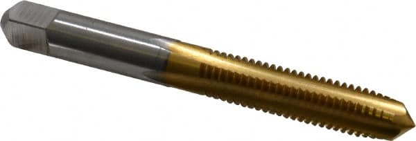 Hertel - M8x1.25 Metric Coarse 4 Flute TiN Finish High Speed Steel Straight Flute Standard Hand Tap - Plug, Right Hand Thread, 2-23/32" OAL, 1-1/8" Thread Length, D3 Limit, Oversize - Exact Tooling