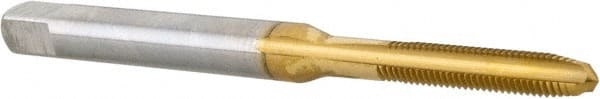 Hertel - M2.5x0.45 Metric Coarse 6H 3 Flute TiN Finish High Speed Steel Straight Flute Standard Hand Tap - Plug, Right Hand Thread, 1-13/16" OAL, 1/2" Thread Length, D3 Limit, Oversize - Exact Tooling