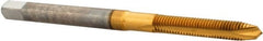 Hertel - M3x0.50 Metric Coarse, 2 Flute, TiN Finish, High Speed Steel Spiral Point Tap - Plug Chamfer, Right Hand Thread, 1-15/16" OAL, 5/8" Thread Length, 0.141" Shank Diam - Exact Tooling