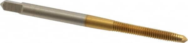 Hertel - M3.5x0.60 Metric Coarse, 2 Flute, TiN Finish, High Speed Steel Spiral Point Tap - Plug Chamfer, Right Hand Thread, 2" OAL, 11/16" Thread Length, 0.141" Shank Diam - Exact Tooling