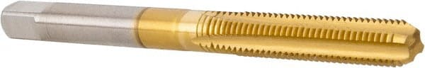 Hertel - M5x0.80 Metric Coarse 4 Flute TiN Finish High Speed Steel Straight Flute Standard Hand Tap - Bottoming, Right Hand Thread, 2-3/8" OAL, 7/8" Thread Length, D2 Limit, Oversize - Exact Tooling