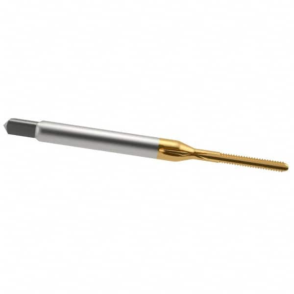 Hertel - M2x0.40 Metric Coarse 6H 3 Flute TiN Finish High Speed Steel Straight Flute Standard Hand Tap - Bottoming, Right Hand Thread, 1-3/4" OAL, 7/16" Thread Length, D3 Limit, Oversize - Exact Tooling