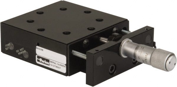 Parker - 29 Kg Capacity, M5 Mount Hole, 13mm Travel, Precision Ball Bearing Table with Center Drive - Single Axis, 8 Mounting Holes, 66-1/2mm Long x 66-1/2mm Wide x 25.4mm High - Exact Tooling