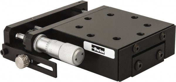 Parker - 62 Lb. Capacity, 10-32 Mount Hole, 1/2" Travel, Precision Ball Bearing Table with Side Drive - Single Axis, 8 Mounting Holes, 2.56" Long x 2.62" Wide x 1" High - Exact Tooling