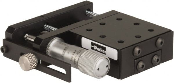 Parker - 25 Lb. Capacity, 6-32 Mount Hole, 1/2" Travel, Precision Ball Bearing Table with Side Drive - Single Axis, 8 Mounting Holes, 1-3/4" Long x 1-3/4" Wide x 3/4" High - Exact Tooling