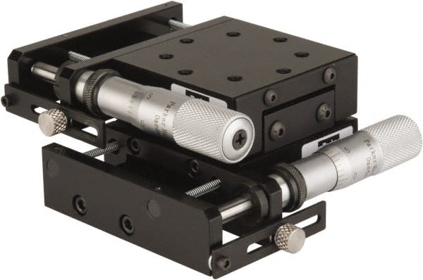 Parker - 62 Lb. Capacity, 10-32 Mount Hole, 1" Travel, Precision Ball Bearing Table with Side Drive - X-Y Stage, 8 Mounting Holes, 2.56" Long x 2.62" Wide x 1" High - Exact Tooling