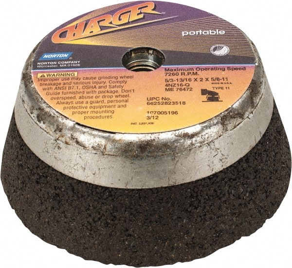 Norton - 5" Diam, 2" Overall Thickness, 16 Grit, Type 11 Tool & Cutter Grinding Wheel - Very Coarse Grade, Zirconia Alumina, Q Hardness, 7,260 RPM - Exact Tooling