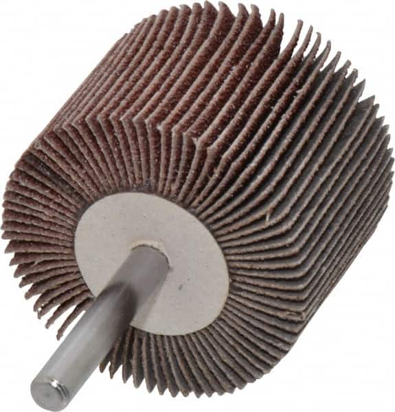 Value Collection - 2" Diam x 1-1/2" Face Width, Medium Aluminum Oxide Coated Mounted Flap Wheel - 1/4" Shank Mount, 60 Grit, 25,000 Max RPM - Exact Tooling
