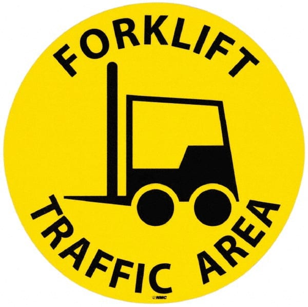 NMC - Forklift Traffic Area, Anti-Skid Pressure-Sensitive Vinyl Floor Sign - Round, Black on Yellow, Adhesive Backed, For Accident Prevention - Exact Tooling