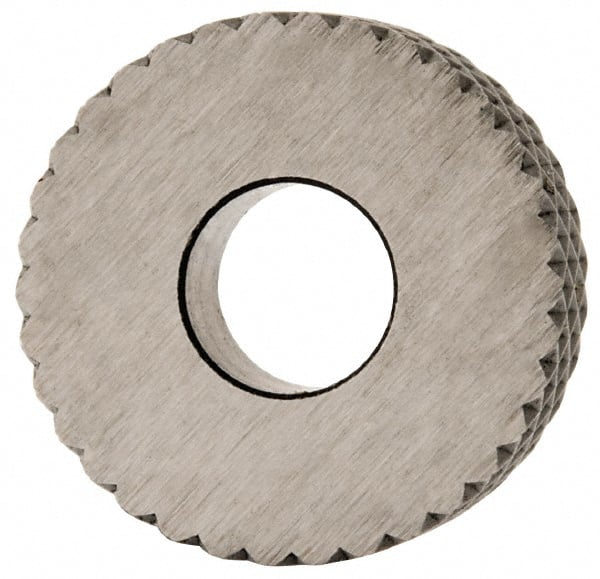 Made in USA - 1/2" Diam, 90° Tooth Angle, 25 TPI, Standard (Shape), Form Type High Speed Steel Female Diamond Knurl Wheel - 3/16" Face Width, 3/16" Hole, Circular Pitch, 30° Helix, Bright Finish, Series EP - Exact Tooling