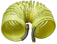 Parker - 3/8" ID, 3/8 Thread, 25' Long, Yellow Nylon Coiled & Self Storing Hose - 225 Max psi, Male Rigid x Male Swivel - Exact Tooling
