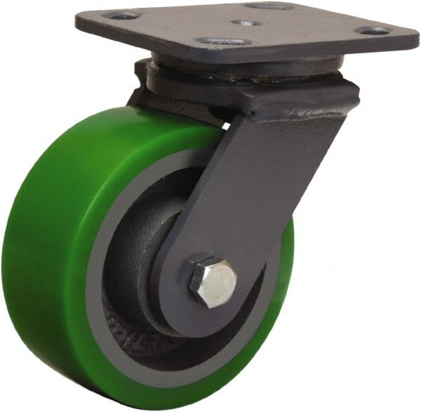 Hamilton - 5" Diam x 2" Wide x 6-1/2" OAH Top Plate Mount Swivel Caster - Polyurethane Mold onto Cast Iron Center, 1,050 Lb Capacity, Tapered Roller Bearing, 4 x 5" Plate - Exact Tooling