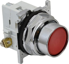 Eaton Cutler-Hammer - 30-1/2mm Mount Hole, Flush, Pushbutton Switch with Contact Block - Round, Red Pushbutton, Nonilluminated, Momentary (MO), Corrosion Resistant, Oiltight and Watertight - Exact Tooling