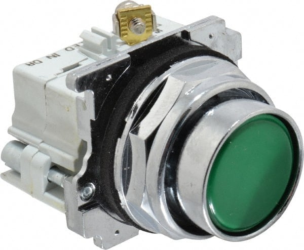 Eaton Cutler-Hammer - 30-1/2mm Mount Hole, Flush, Pushbutton Switch with Contact Block - Round, Green Pushbutton, Nonilluminated, Momentary (MO), Corrosion Resistant, Oiltight and Watertight - Exact Tooling