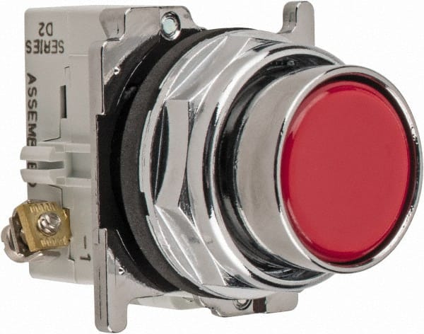Eaton Cutler-Hammer - 30-1/2mm Mount Hole, Flush, Pushbutton Switch with Contact Block - Round, Red Pushbutton, Nonilluminated, Momentary (MO), Corrosion Resistant, Oiltight and Watertight - Exact Tooling