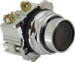 Eaton Cutler-Hammer - 30-1/2mm Mount Hole, Flush, Pushbutton Switch with Contact Block - Round, Black Pushbutton, Nonilluminated, Momentary (MO), Corrosion Resistant, Oiltight and Watertight - Exact Tooling