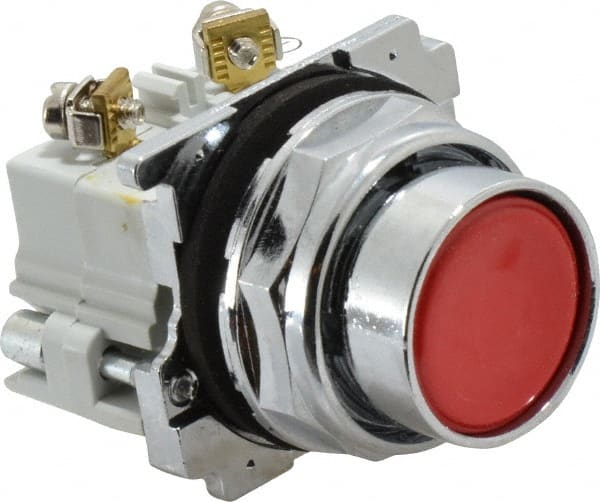 Eaton Cutler-Hammer - 30-1/2mm Mount Hole, Flush, Pushbutton Switch with Contact Block - Round, Red Pushbutton, Nonilluminated, Momentary (MO), Corrosion Resistant, Oiltight and Watertight - Exact Tooling