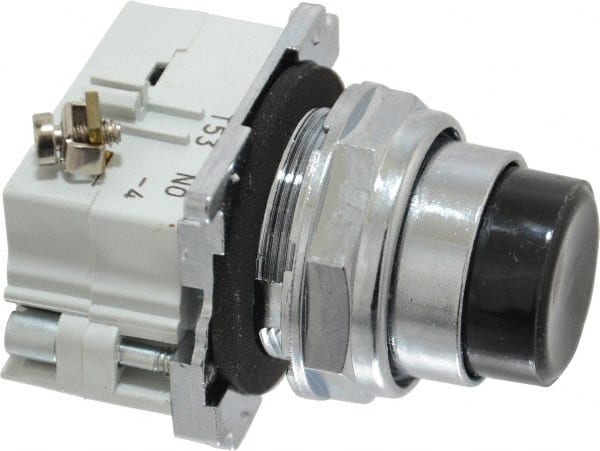 Eaton Cutler-Hammer - 30-1/2mm Mount Hole, Extended Straight, Pushbutton Switch with Contact Block - Round, Black Pushbutton, Nonilluminated, Momentary (MO), Corrosion Resistant, Oiltight and Watertight - Exact Tooling