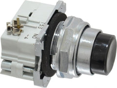 Eaton Cutler-Hammer - 30-1/2mm Mount Hole, Extended Straight, Pushbutton Switch with Contact Block - Round, Black Pushbutton, Nonilluminated, Momentary (MO), Corrosion Resistant, Oiltight and Watertight - Exact Tooling