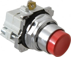 Eaton Cutler-Hammer - 30-1/2mm Mount Hole, Extended Straight, Pushbutton Switch with Contact Block - Round, Red Pushbutton, Nonilluminated, Momentary (MO), Corrosion Resistant, Oiltight and Watertight - Exact Tooling