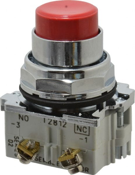 Eaton Cutler-Hammer - 30-1/2mm Mount Hole, Extended Straight, Pushbutton Switch with Contact Block - Round, Red Pushbutton, Nonilluminated, Momentary (MO), Corrosion Resistant, Oiltight and Watertight - Exact Tooling