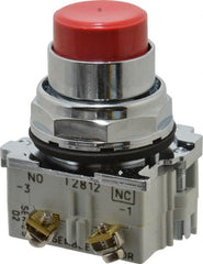 Eaton Cutler-Hammer - 30-1/2mm Mount Hole, Extended Straight, Pushbutton Switch with Contact Block - Round, Red Pushbutton, Nonilluminated, Momentary (MO), Corrosion Resistant, Oiltight and Watertight - Exact Tooling