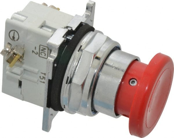 Eaton Cutler-Hammer - 30-1/2mm Mount Hole, Extended Mushroom Head, Pushbutton Switch with Contact Block - Round, Red Pushbutton, Nonilluminated, Momentary (MO), Corrosion Resistant, Oiltight and Watertight - Exact Tooling