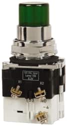 Eaton Cutler-Hammer - 30-1/2mm Mount Hole, Pushbutton Switch with Contact Block - Round, Green Pushbutton, Illuminated, Momentary (MO), Corrosion Resistant, Oiltight and Watertight - Exact Tooling