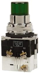 Eaton Cutler-Hammer - 30-1/2mm Mount Hole, Pushbutton Switch with Contact Block - Round, Green Pushbutton, Illuminated, Momentary (MO), Corrosion Resistant, Oiltight and Watertight - Exact Tooling