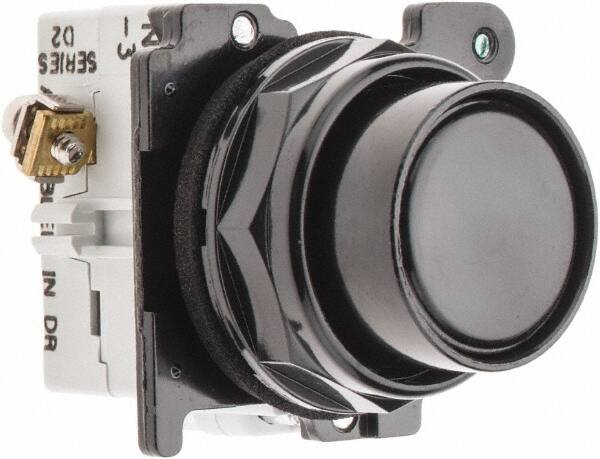 Eaton Cutler-Hammer - 30-1/2mm Mount Hole, Flush, Pushbutton Switch with Contact Block - Round, Black Pushbutton, Nonilluminated, Momentary (MO), Corrosion Resistant, Oiltight and Watertight - Exact Tooling