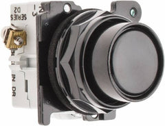 Eaton Cutler-Hammer - 30-1/2mm Mount Hole, Flush, Pushbutton Switch with Contact Block - Round, Black Pushbutton, Nonilluminated, Momentary (MO), Corrosion Resistant, Oiltight and Watertight - Exact Tooling