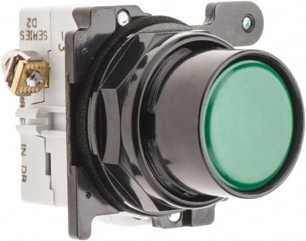 Eaton Cutler-Hammer - 30-1/2mm Mount Hole, Flush, Pushbutton Switch with Contact Block - Round, Green Pushbutton, Nonilluminated, Momentary (MO), Corrosion Resistant, Oiltight and Watertight - Exact Tooling