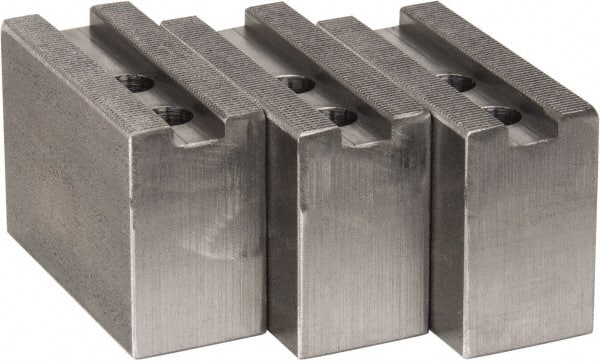 H & R Manufacturing - 8" Chuck Capacity, 1.5mm x 60° Serrated Attachment, Square Soft Lathe Chuck Jaw - 3 Jaws, Steel, 1" Btw Mount Hole Ctrs, 3-1/2" Long x 1-1/2" Wide x 2-1/2" High, 0.551" Groove, 12mm Fastener - Exact Tooling