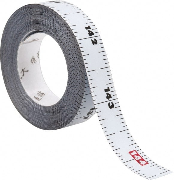 US Tape - 12 Ft. Long x 1/2 Inch Wide, 1/16 Inch Graduation, White, Steel Adhesive Tape Measure - Exact Tooling