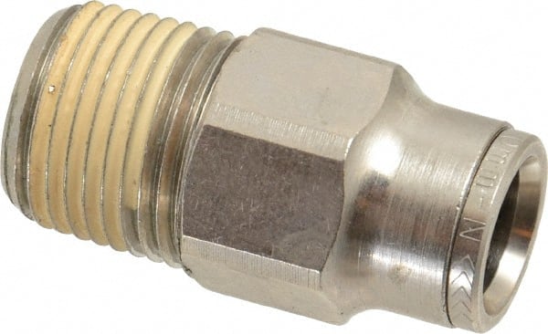 Norgren - 10mm Outside Diam, 3/8 NPTF, Nickel Plated Brass Push-to-Connect Tube Male Connector - 260 Max psi, Tube to Male NPT Connection, Nitrile O-Ring - Exact Tooling