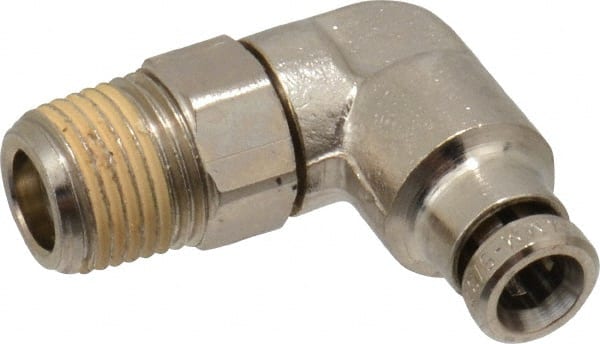 Norgren - 4mm Outside Diam, 1/8 BSPT, Nickel Plated Brass Push-to-Connect Tube Male Swivel Elbow - 260 Max psi, Tube to Male BSPT Connection, Nitrile O-Ring - Exact Tooling
