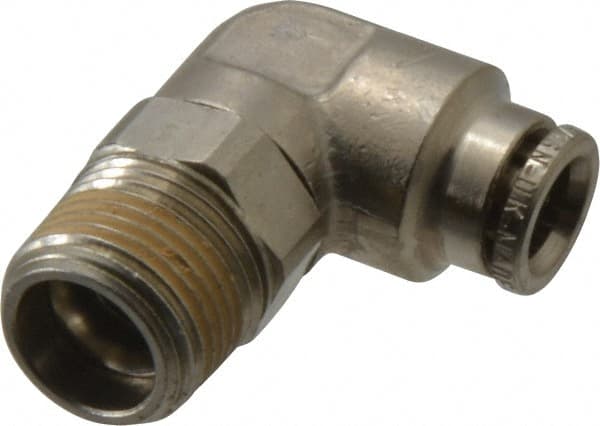 Norgren - 8mm Outside Diam, 3/8 BSPT, Nickel Plated Brass Push-to-Connect Tube Male Swivel Elbow - 260 Max psi, Tube to Male BSPT Connection, Nitrile O-Ring - Exact Tooling
