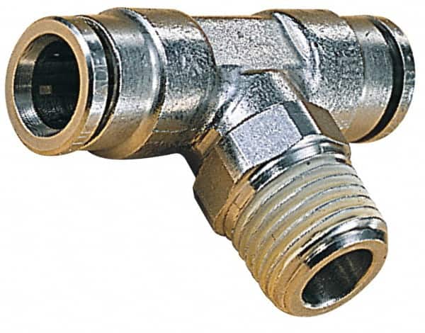 Norgren - 10mm Outside Diam, 3/8 BSPT, Nickel Plated Brass Push-to-Connect Tube Male Swivel Branch Tee - 260 Max psi, Tube to Male BSPT Connection, Nitrile O-Ring - Exact Tooling