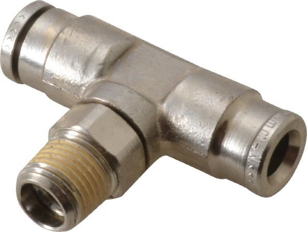 Norgren - 6mm Outside Diam, 1/8 BSPT, Nickel Plated Brass Push-to-Connect Tube Male Swivel Branch Tee - 260 Max psi, Tube to Male BSPT Connection, Nitrile O-Ring - Exact Tooling